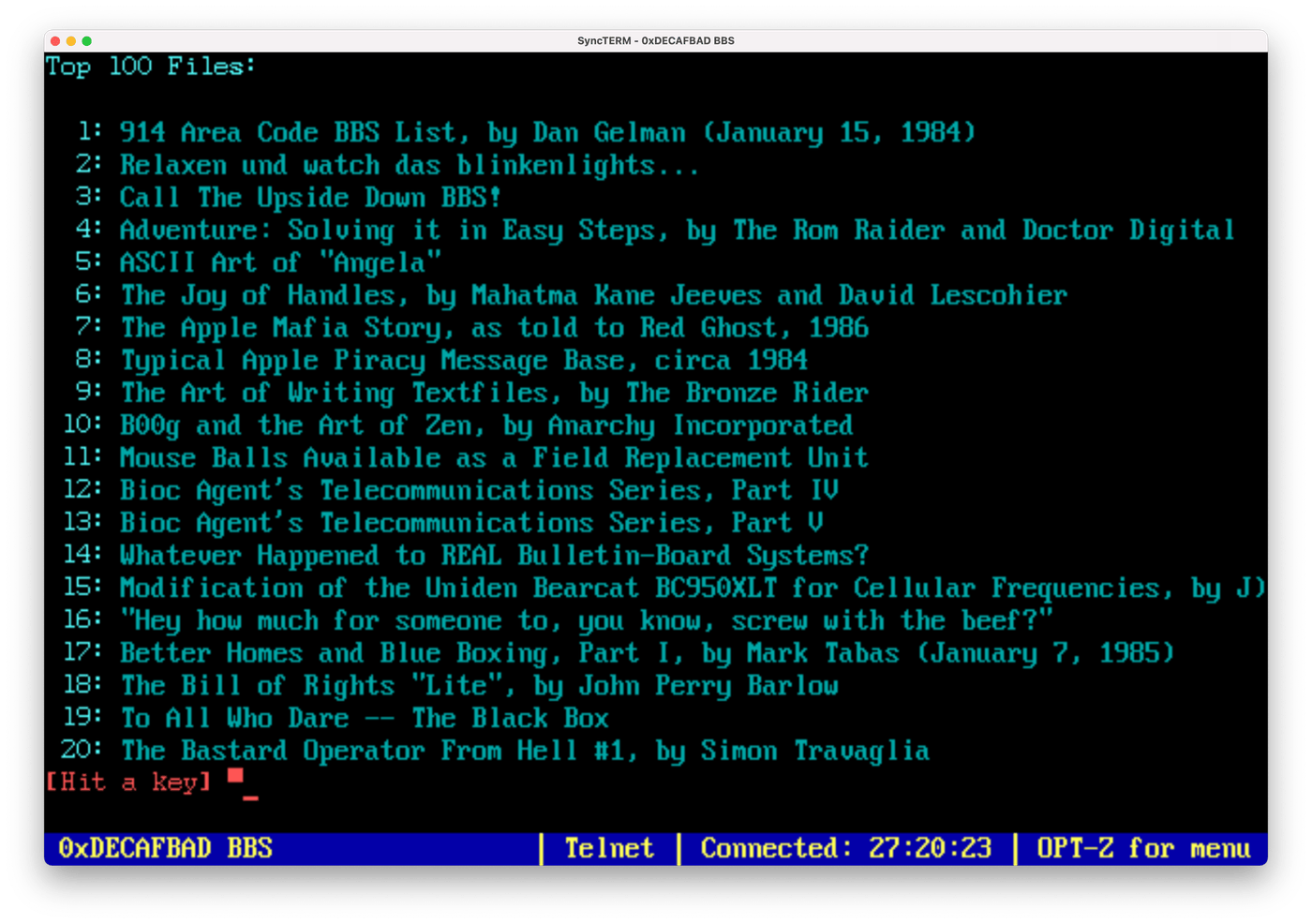 Screenshot of BBS file section showing textfiles.com archives