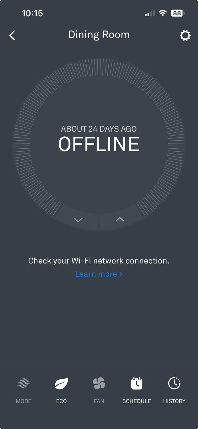 Screenshot showing Nest thermostat offline status despite working yesterday