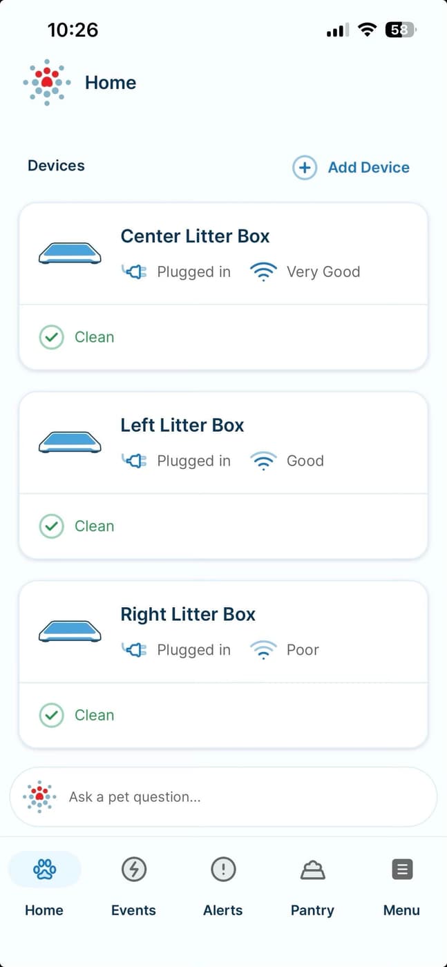 An app interface displaying the status of three litter boxes labeled "Center," "Left," and "Right." Each box shows connectivity status (plugged in) and health metrics (Very Good, Good, Poor). All litter boxes are marked as clean.