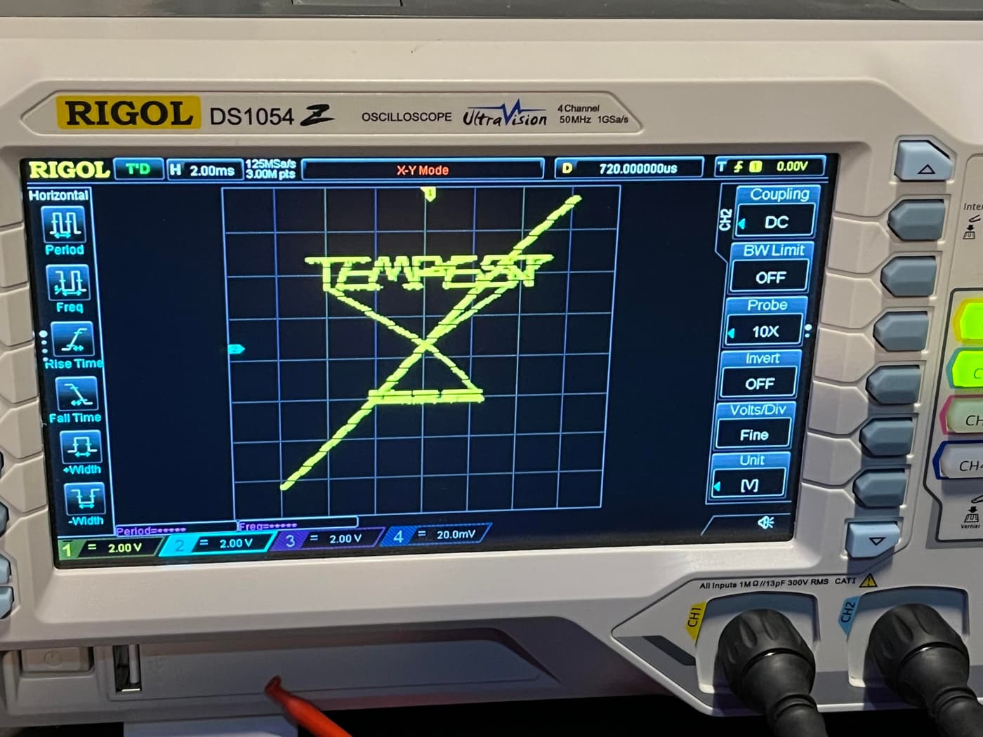 Oscilloscope displaying TEMPEST label with intersecting lines