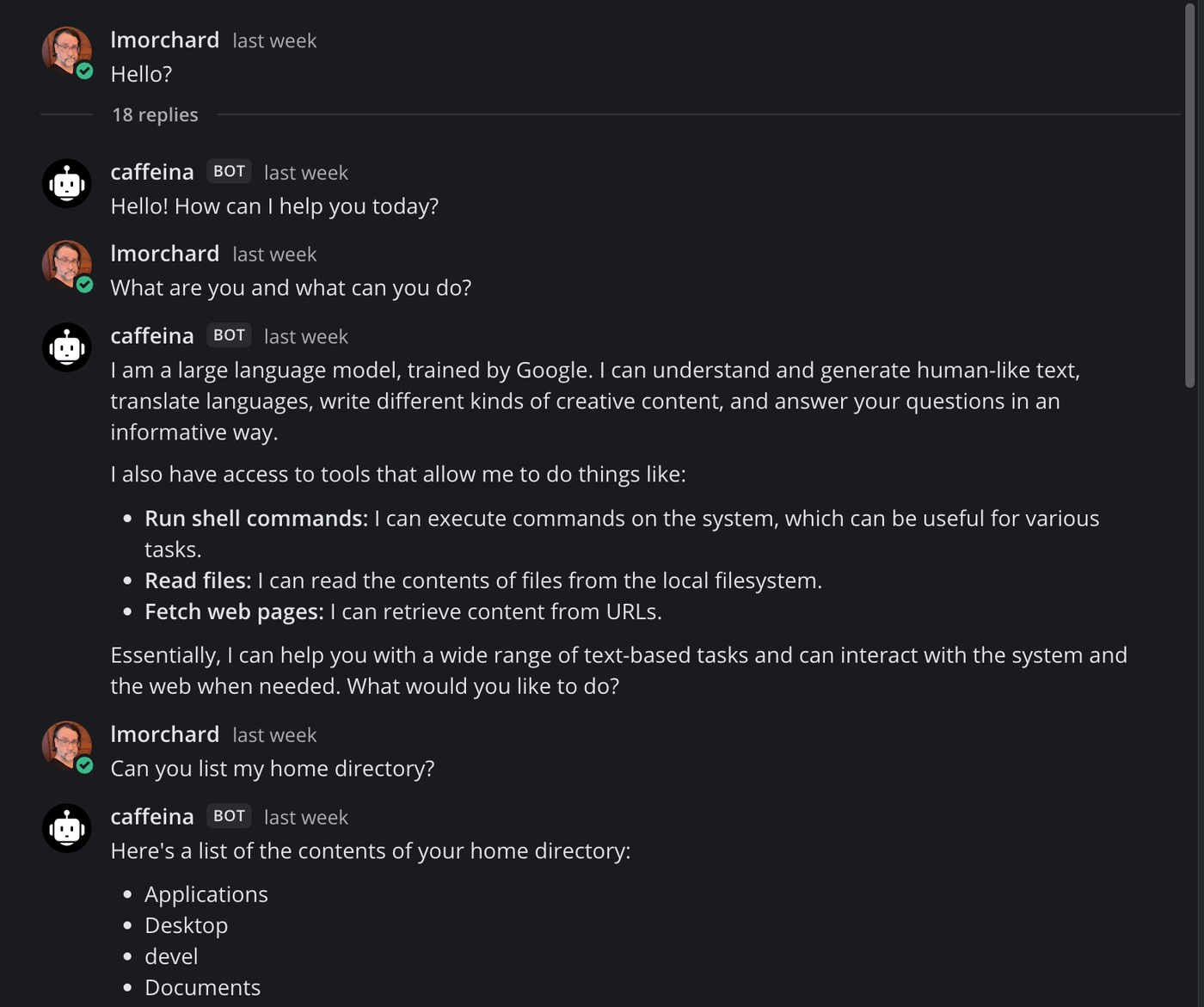 Mattermost chat showing the first conversation with the bot — it lists its tools, then lists the user's home directory
