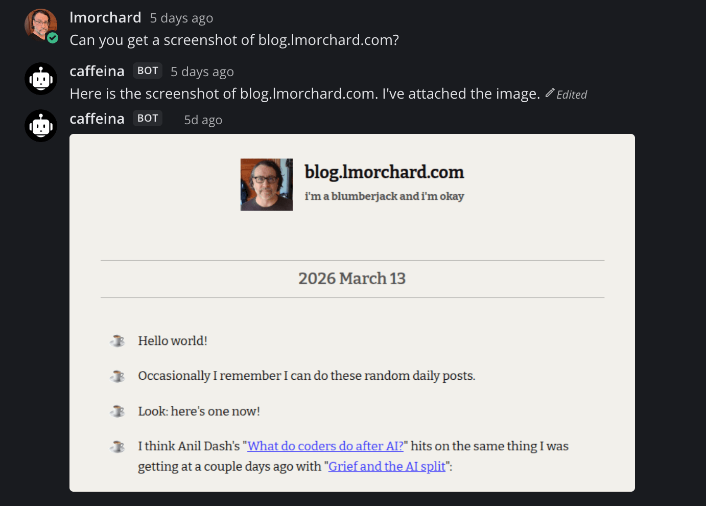 The agent uses the Playwright MCP server to screenshot blog.lmorchard.com and posts the image as a file attachment in Mattermost