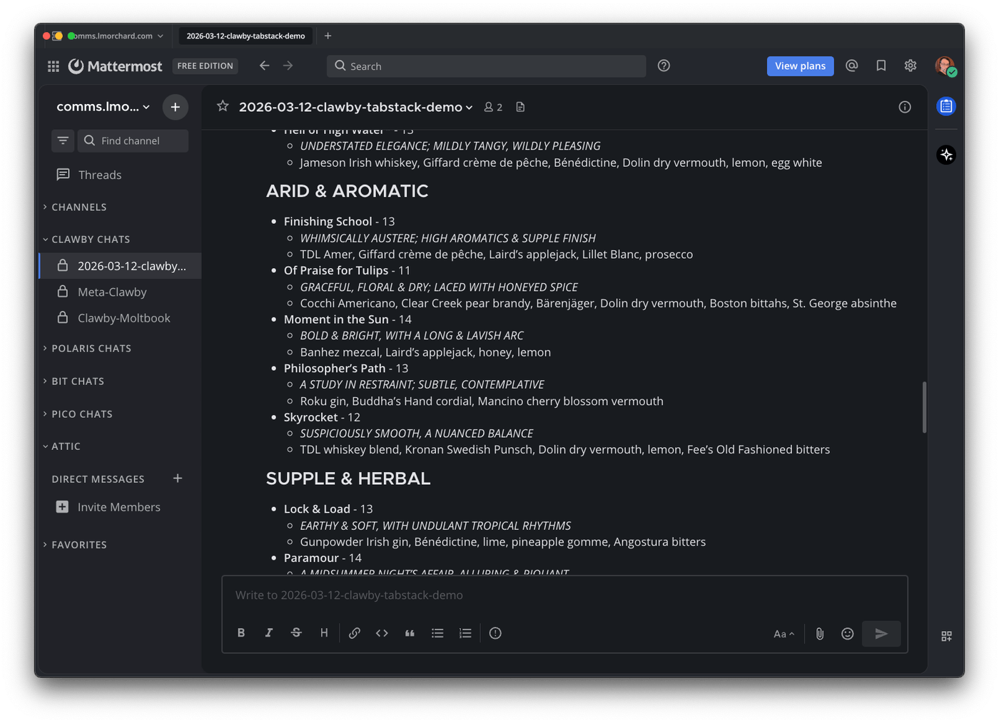 Continuing the drinks menu with the Arid and Aromatic and Supple and Herbal sections