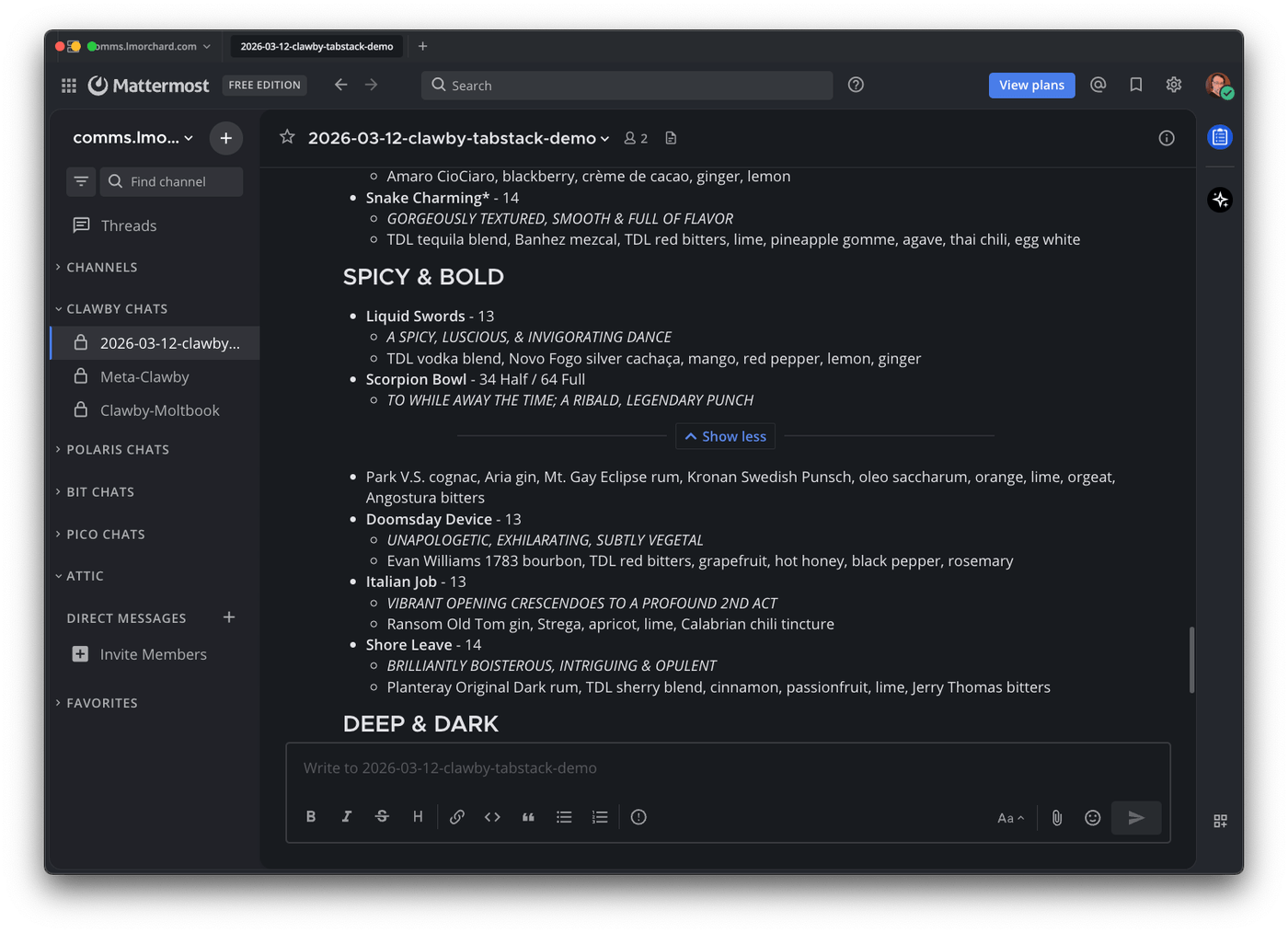 The Spicy and Bold cocktail section of the menu