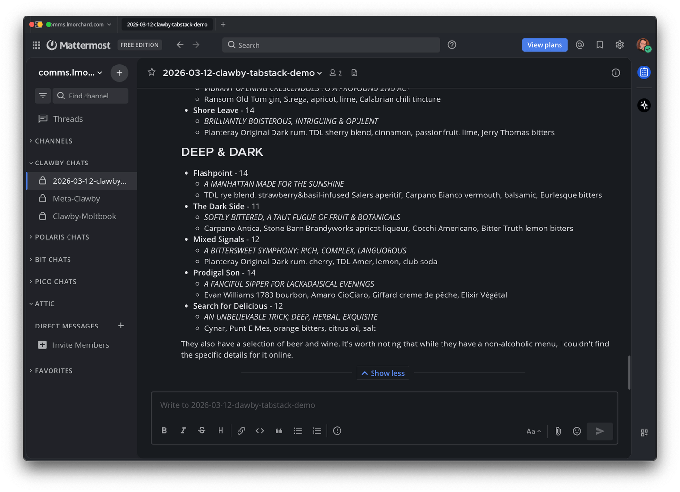 The Deep and Dark cocktail section, plus a note about beer and wine availability