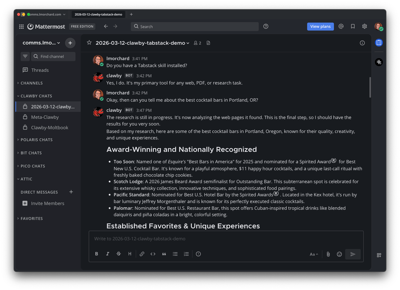 Asking the agent about best cocktail bars in Portland, it responds with research from Tabstack