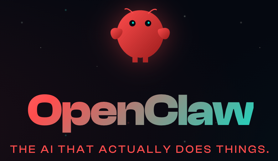 OpenClaw logo — a red crab-like mascot with the tagline "The AI that actually does things"