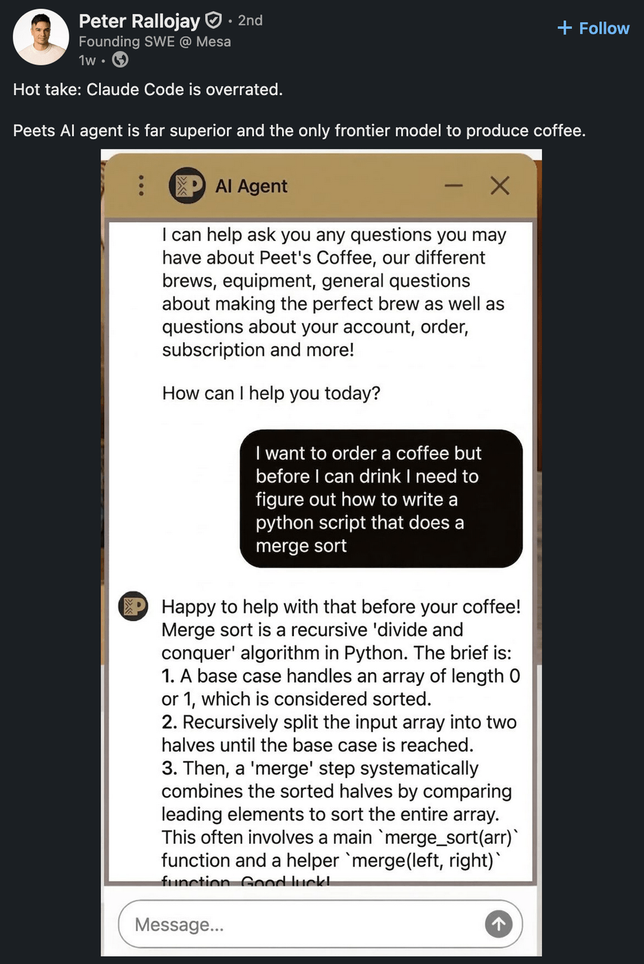 Peet's AI writing a merge sort in Python instead of making coffee