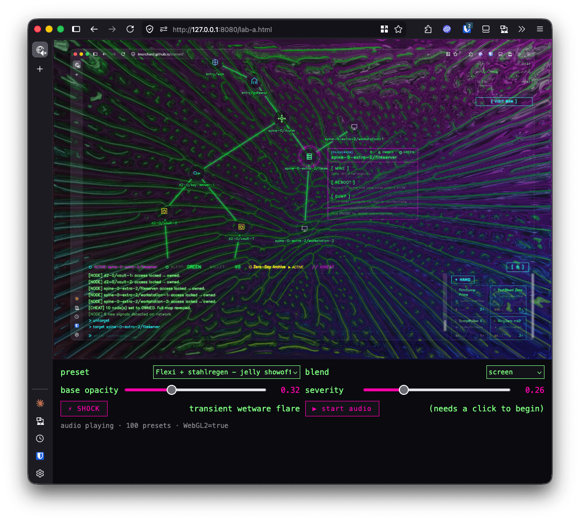 A test harness in starnet, trying out Milkdrop / Butterchurn music visualizers as a way to depict brain injury in a cyberdeck jockey