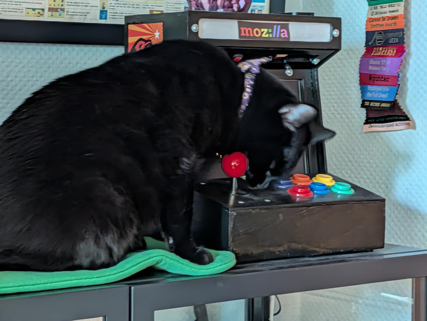 A black cat plays with the controls of a miniature arcade game cabinet featuring a Mozilla logo.