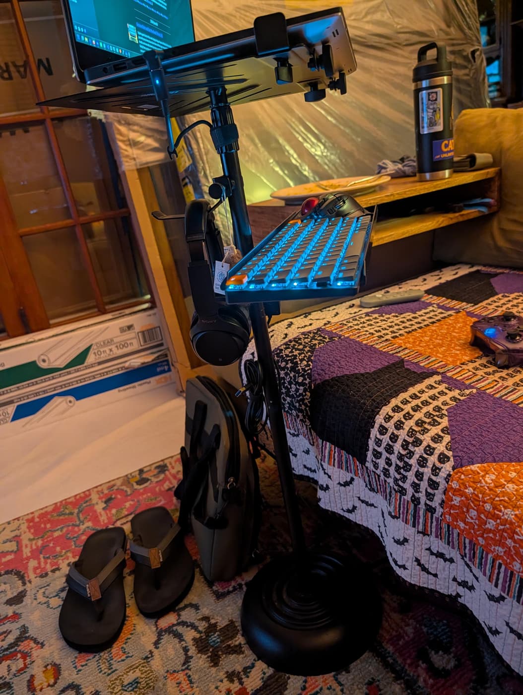 A compact mobile computing setup with a laptop