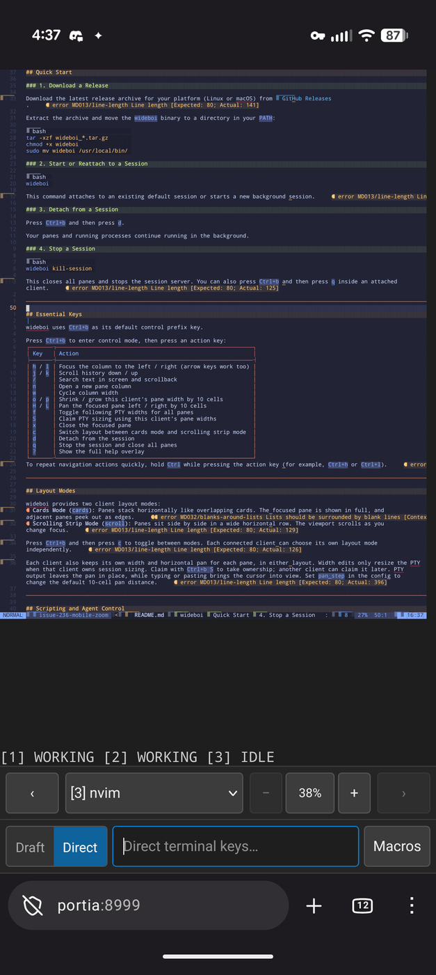 wideboi web UI on a mobile phone, showing a single focused pane with touch quick-action buttons