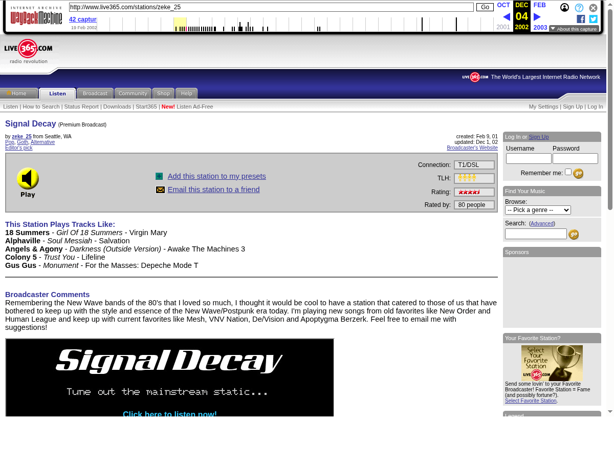 Archived Live365 station page for Signal Decay (zeke_25) from December 2002